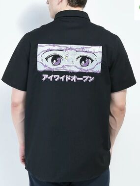 A.LAB Otaku Anime Eyes Black Short Sleeve Button Up Shirt Men’s Medium